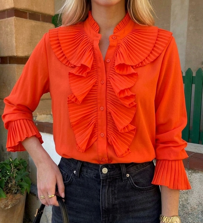 Vibrant Orange Ruffle Neck, Pleated Cuff Blouse