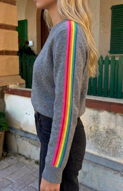 Grey Rainbow Side-Stripe Fine Knit Jumper