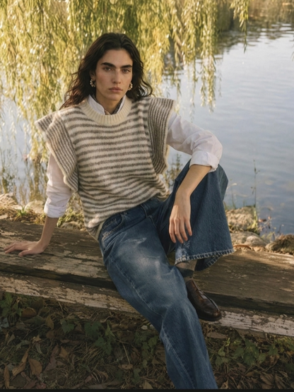 Striped Ruffle- Sleeve Knit Sweater in Oatmeal and Beige