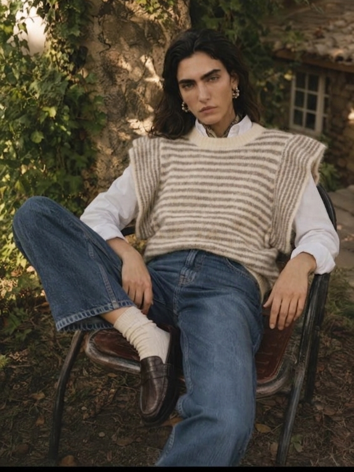 Striped Ruffle- Sleeve Knit Sweater in Oatmeal and Beige