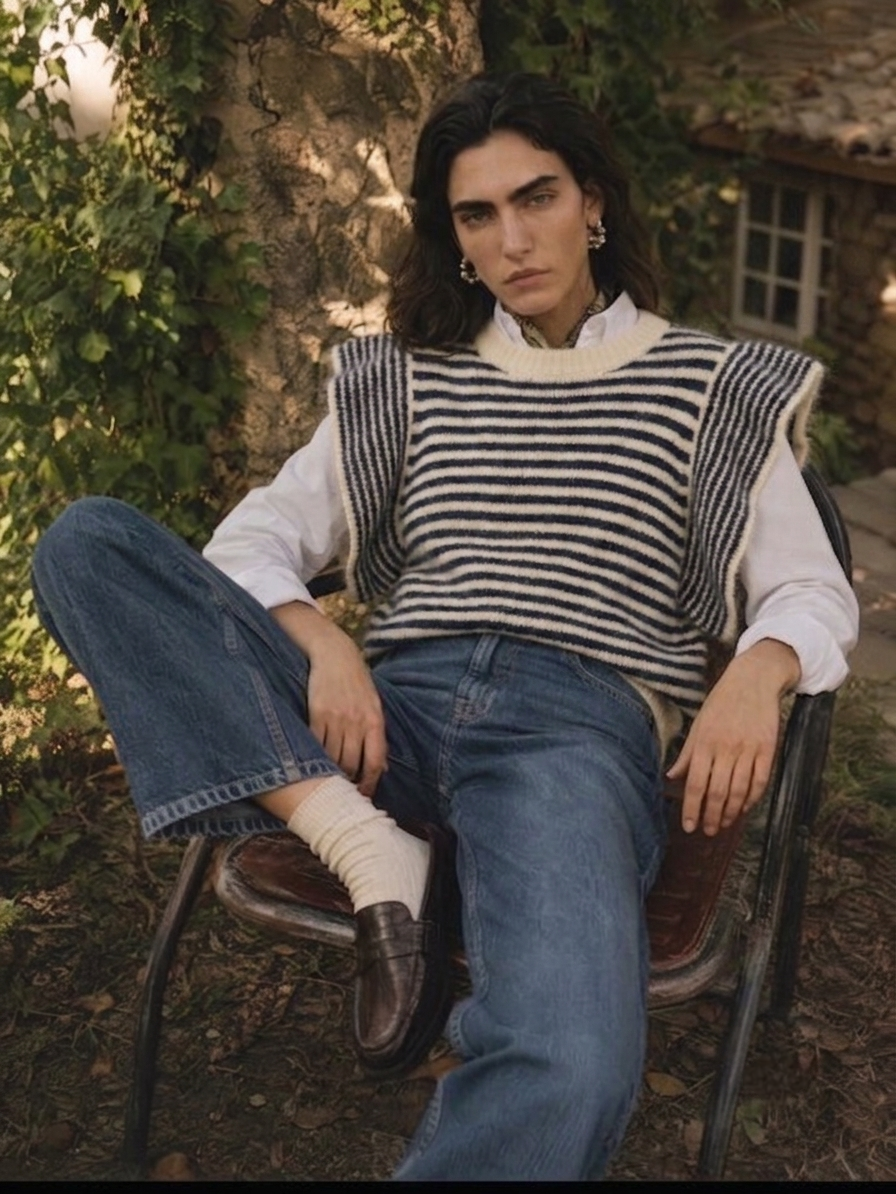 Striped Ruffle- Sleeve Knit Sweater in Navy and Oatmeal Stripe