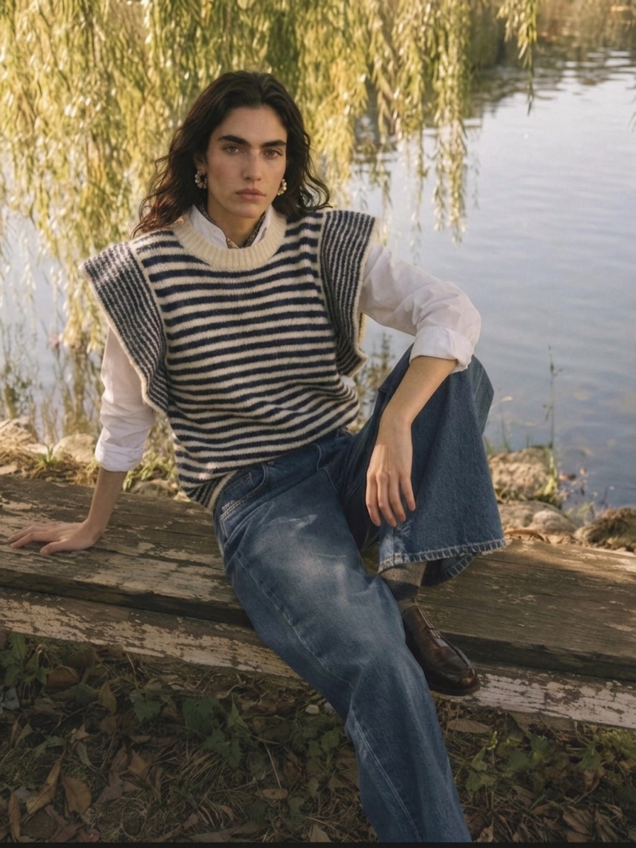 Striped Ruffle- Sleeve Knit Sweater in Navy and Oatmeal Stripe