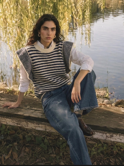 Striped Ruffle- Sleeve Knit Sweater in Navy and Oatmeal Stripe