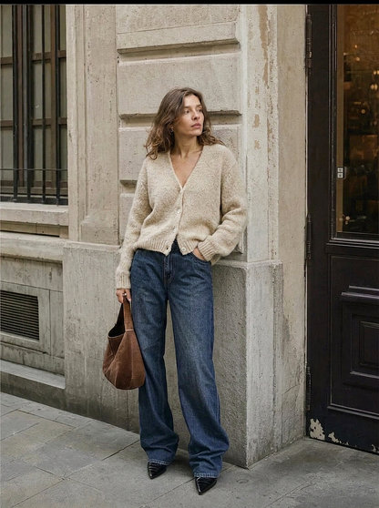Oatmeal Mohair & Wool Blend V Neck Cardigan