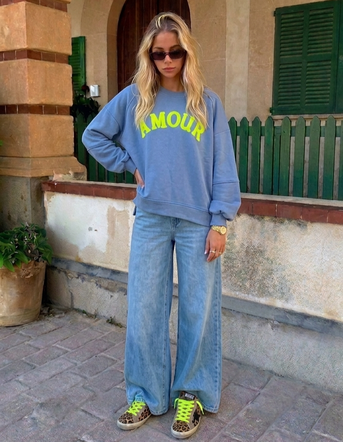 Oversized Light Blue Amour Cotton Sweatshirt with Neon Accent