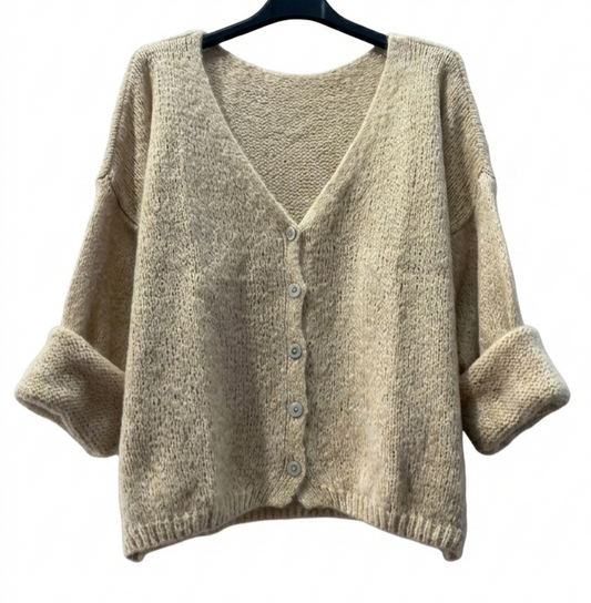 Mohair Blend V-Neck Cardigan in Beige