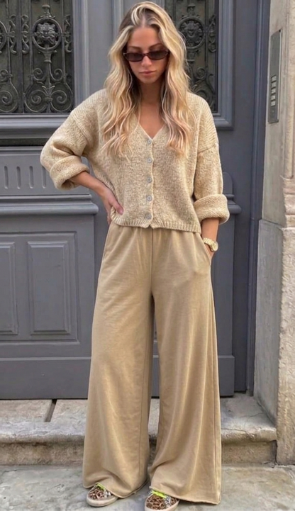 High Waisted Cotton Blend Wide Leg Palazzo Pants