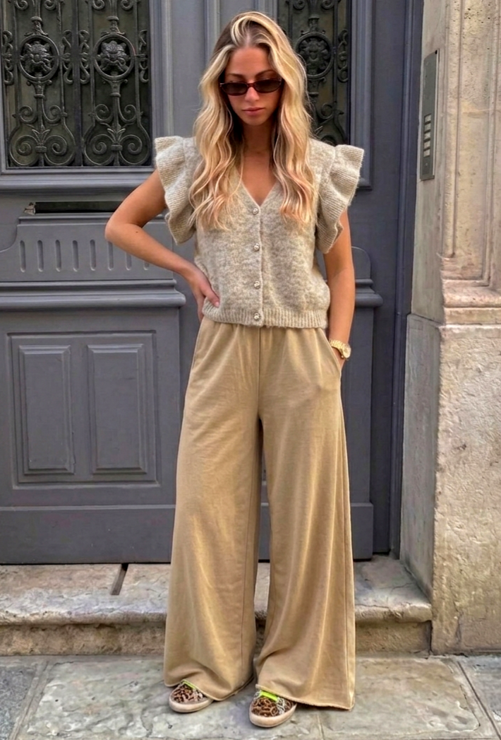 High Waisted Cotton Blend Wide Leg Palazzo Pants