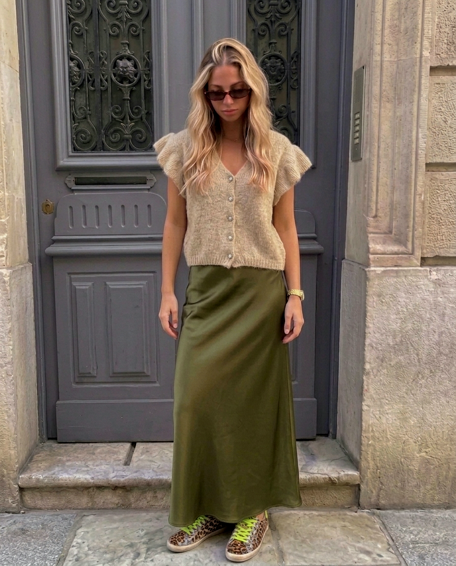 Chic & Elegant Khaki Green Satin Viscose Skirt- Flared Mermaid cut