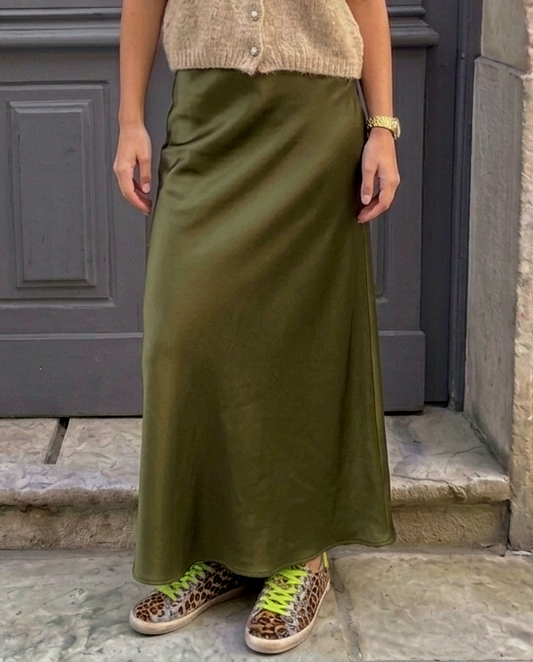 Chic & Elegant Khaki Green Satin Viscose Skirt- Flared Mermaid cut