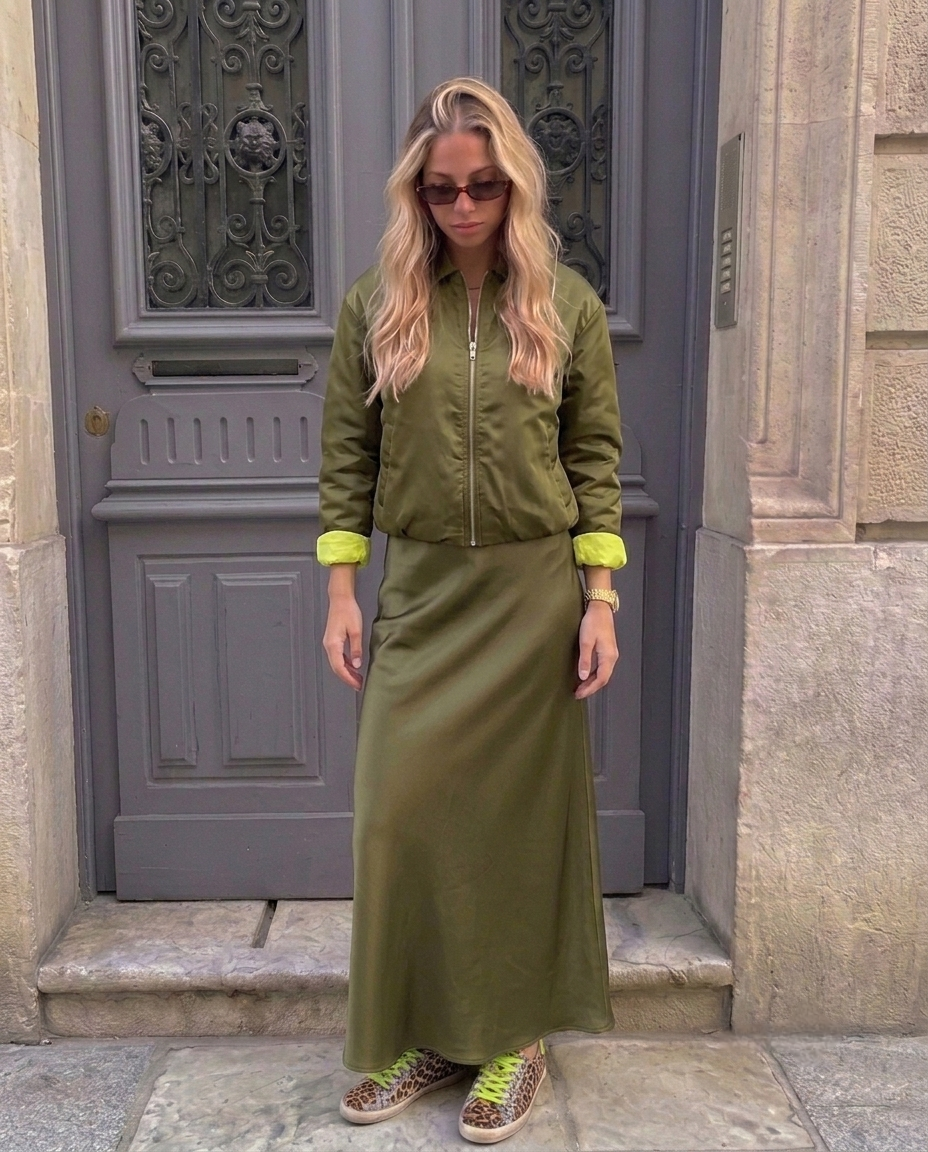 Chic & Elegant Khaki Green Satin Viscose Skirt- Flared Mermaid cut