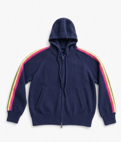 Classic Navy Zip Knit Hoodie with Rainbow Stripe. Wool & Cotton Blend