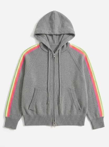 Light Grey Knit Zip Hoodie with Rainbow Sleeve. Wool & Cotton Blend