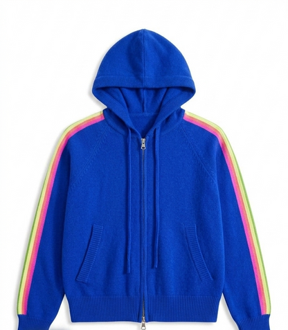Vibrant Royal Blue Knit Zio Hoodie with Rainbow Stripe sleeve. Wool & Cotton Blend