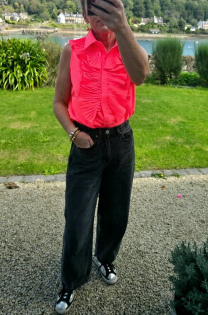 Hot Pink Sleeveless Ruffle Blouse