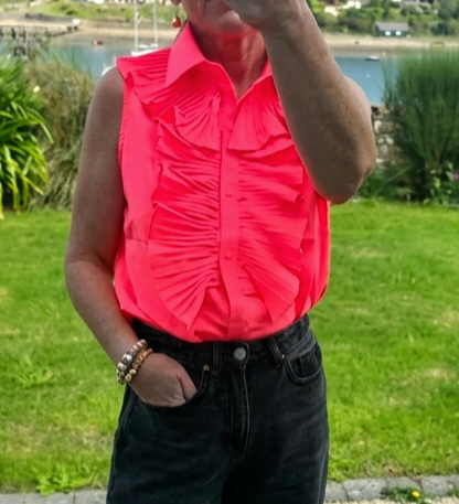 Hot Pink Sleeveless Ruffle Blouse