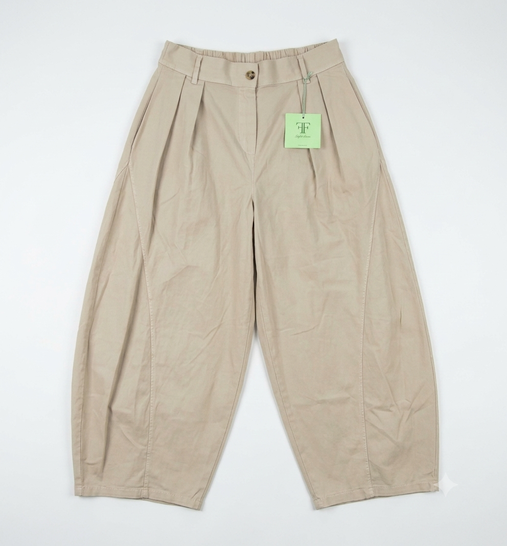 Casual Beige Stretch Cotton Barrel Leg Trousers
