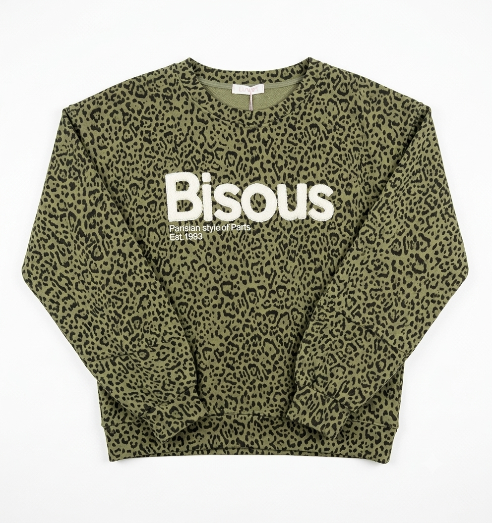 Khaki Leopard Print "Bisous' Slogan Sweatshirt