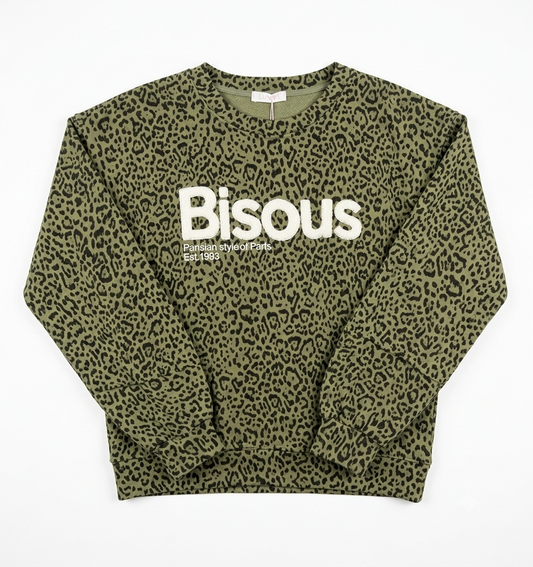 Khaki Leopard Print "Bisous' Slogan Sweatshirt