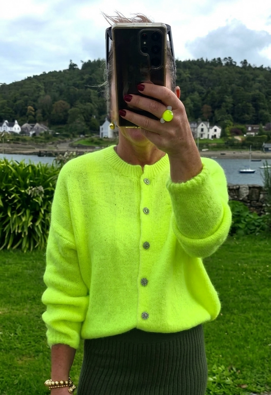 Neon Yellow Kid Mohair Round Neck Cardigan