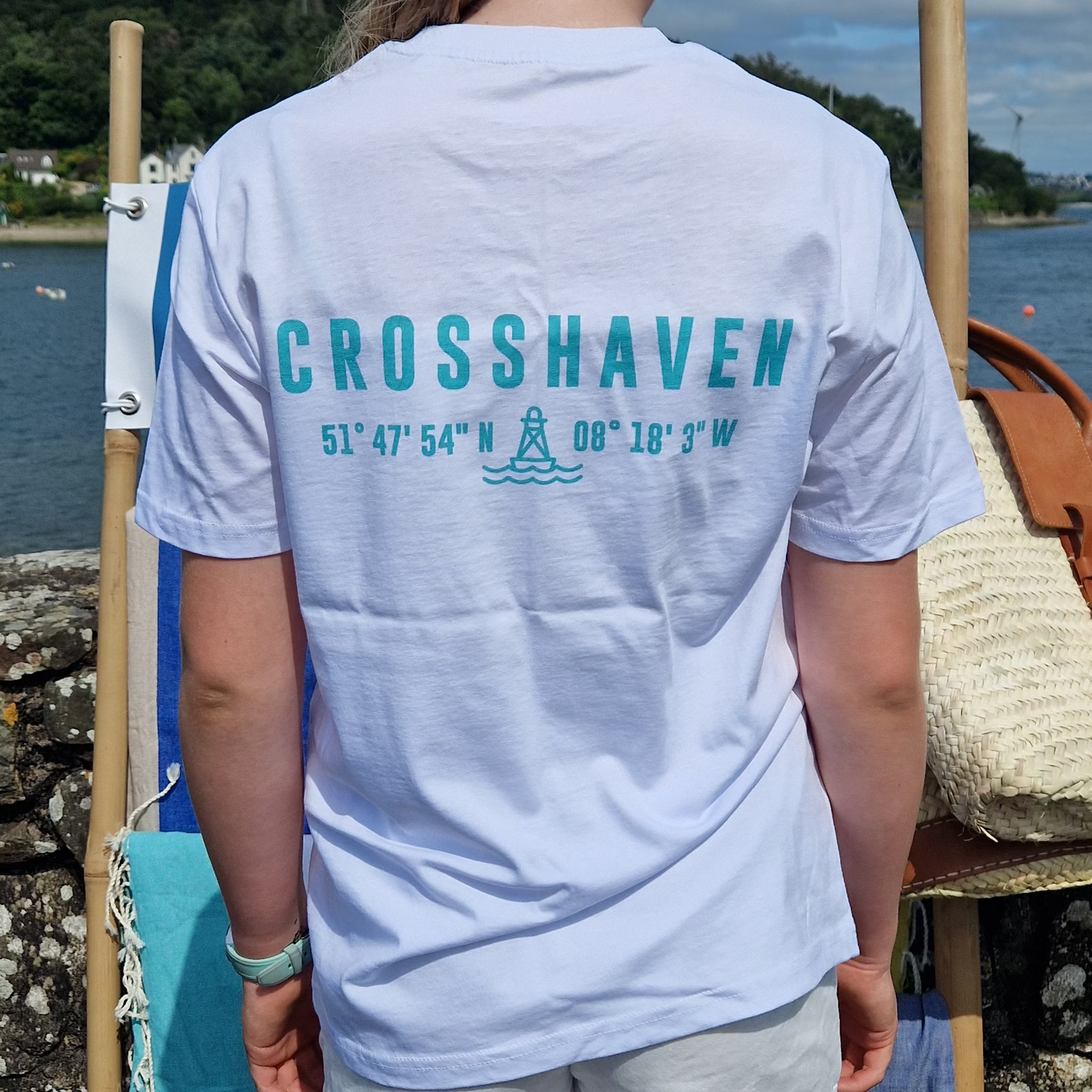 Crosshaven t shirt adults. White with Aqua Writing. Unisex Fit