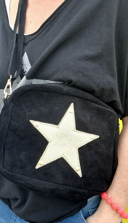 Italian Leather and Suede. Crossbody bag. Leather star Motif. Black.