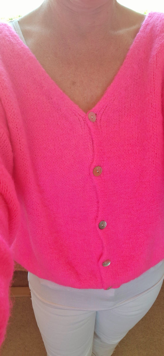 * Pre Order. Due May 26th* Mohair Neon Pink V Neck Ladies Cardigan. Long sleeves.