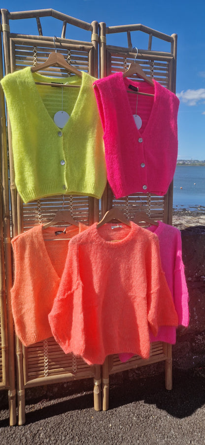 NEON PINK MOHAIR SLEEVELESS CARDIGAN
