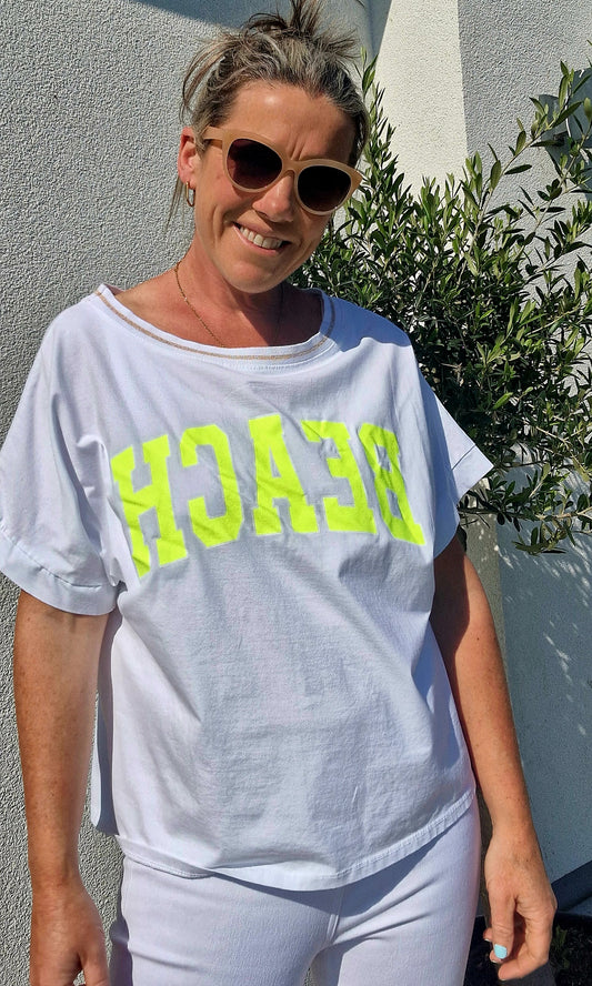 Beach T shirt. White and Neon Yellow