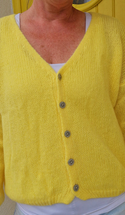 Yellow, Long Sleeve, V Neck, Mohair Mix Cardigan with buttons.