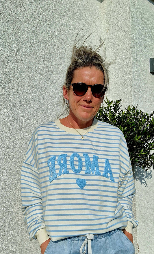 Baby Blue and White Striped Amore Sweatshirt. Pure Cotton.