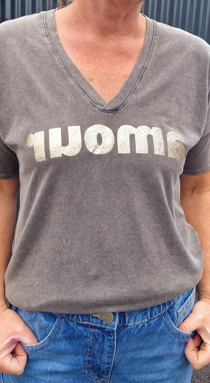 Ladies, v neck cotton Black wash and Gold Amour t shirt