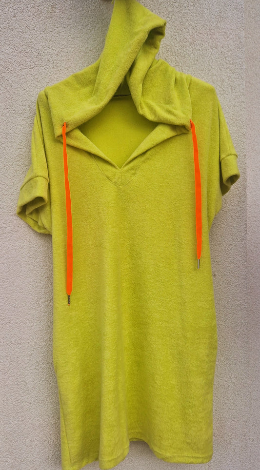 Green towelling, hooded, dress/robe with Orange
