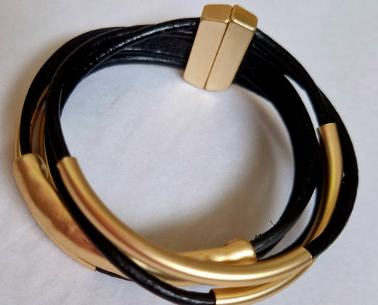 Faux Leather Multi layer Gold and Black bracelet