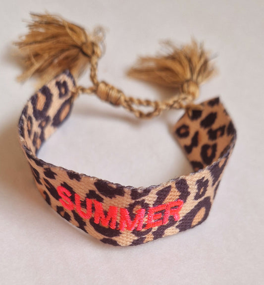Woven Animal print and Neon Pink Summer Bracelet