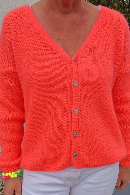 * Pre Sale due Aug 25th* Neon Coral Cardigan in 30pc mohair. Long sleeve.