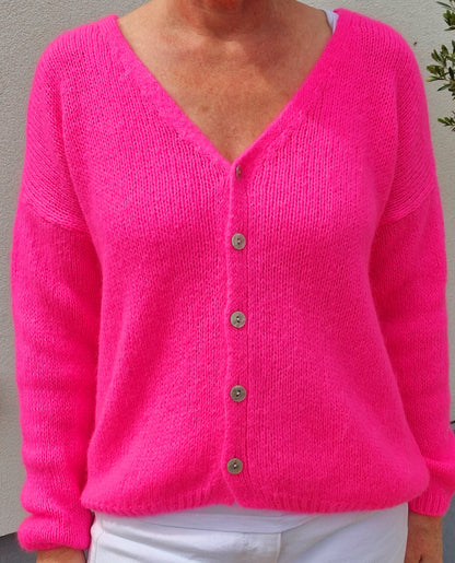 Neon Pink V Neck Ladies Cardigan. Long sleeves. Mohair  mix