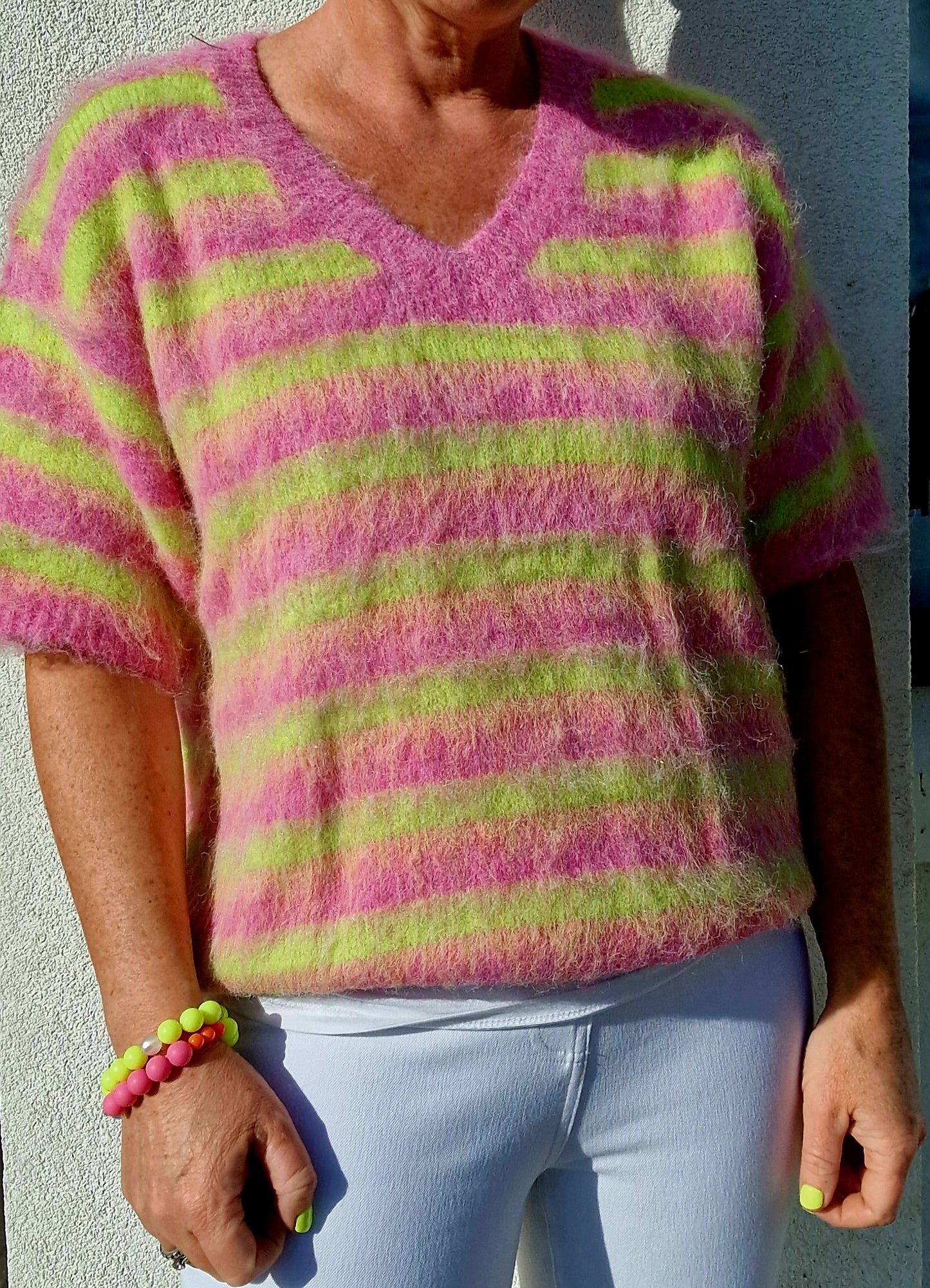 Neon Lime & Raspberry stripe V Neck, Short Sleeve Jumper
