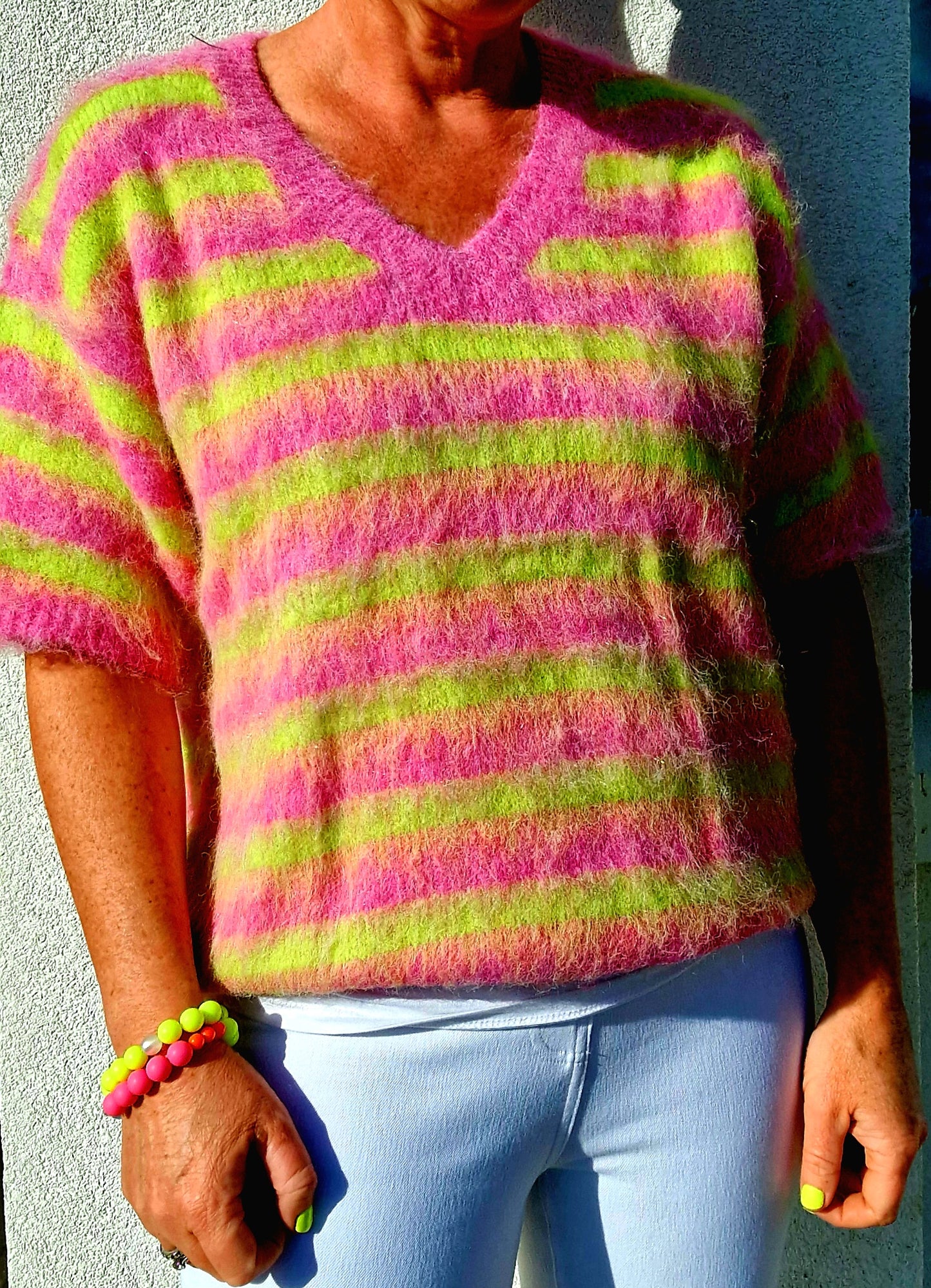 Neon Lime & Raspberry stripe V Neck, Short Sleeve Jumper