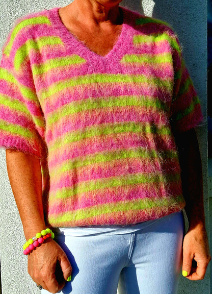 Neon Lime & Raspberry stripe V Neck, Short Sleeve Jumper