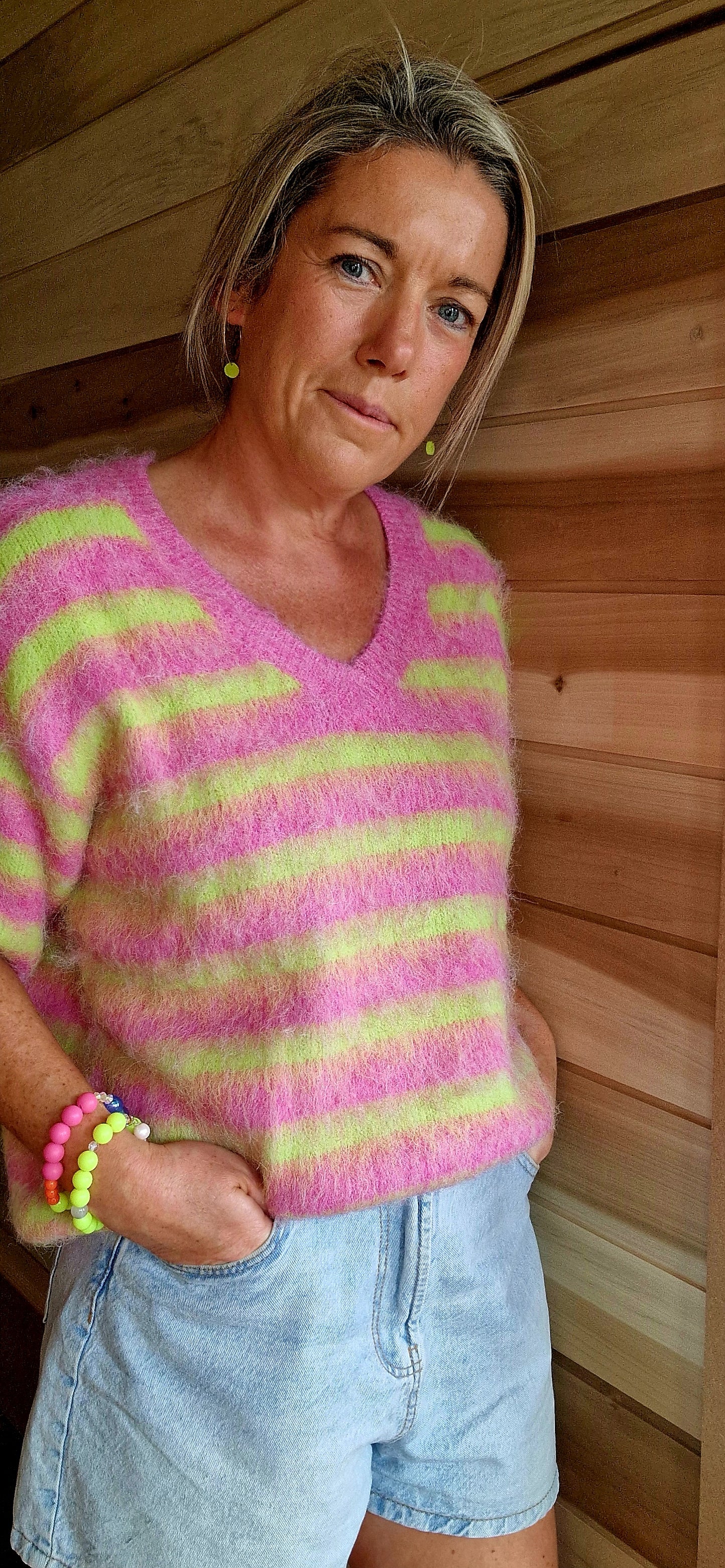 Neon Lime & Raspberry stripe V Neck, Short Sleeve Jumper