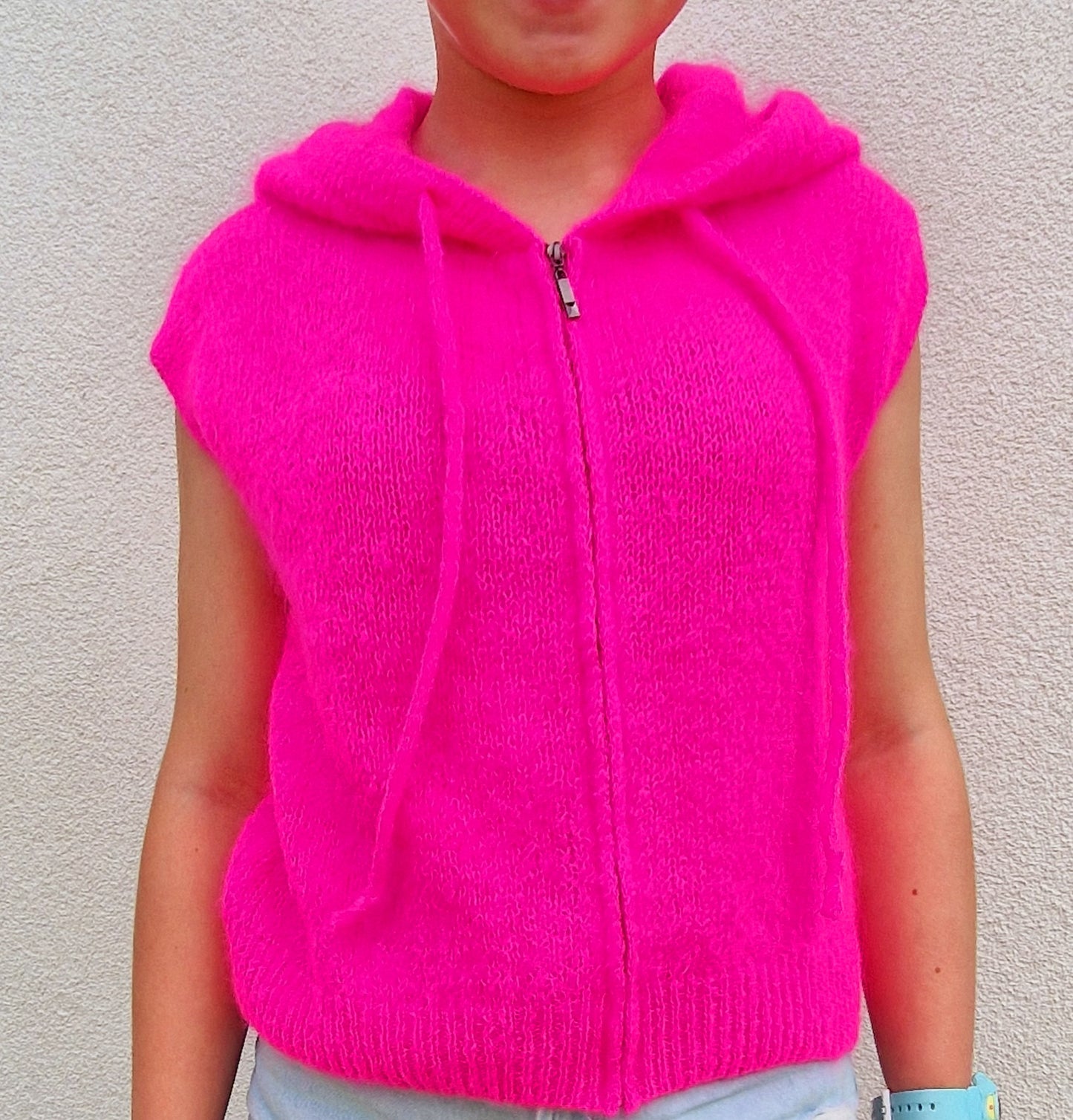Neon Pink Mohair Mix Short Sleeve Hoodie