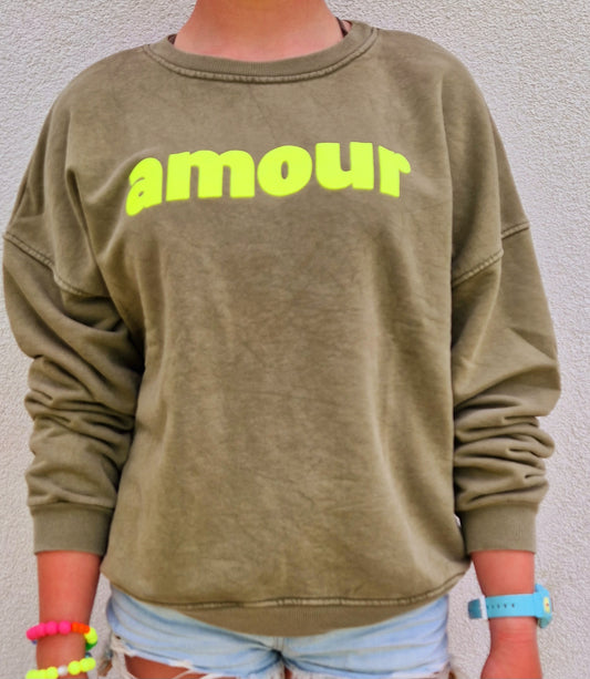 Amour Sweatshirt in Khaki and Neon Yellow.