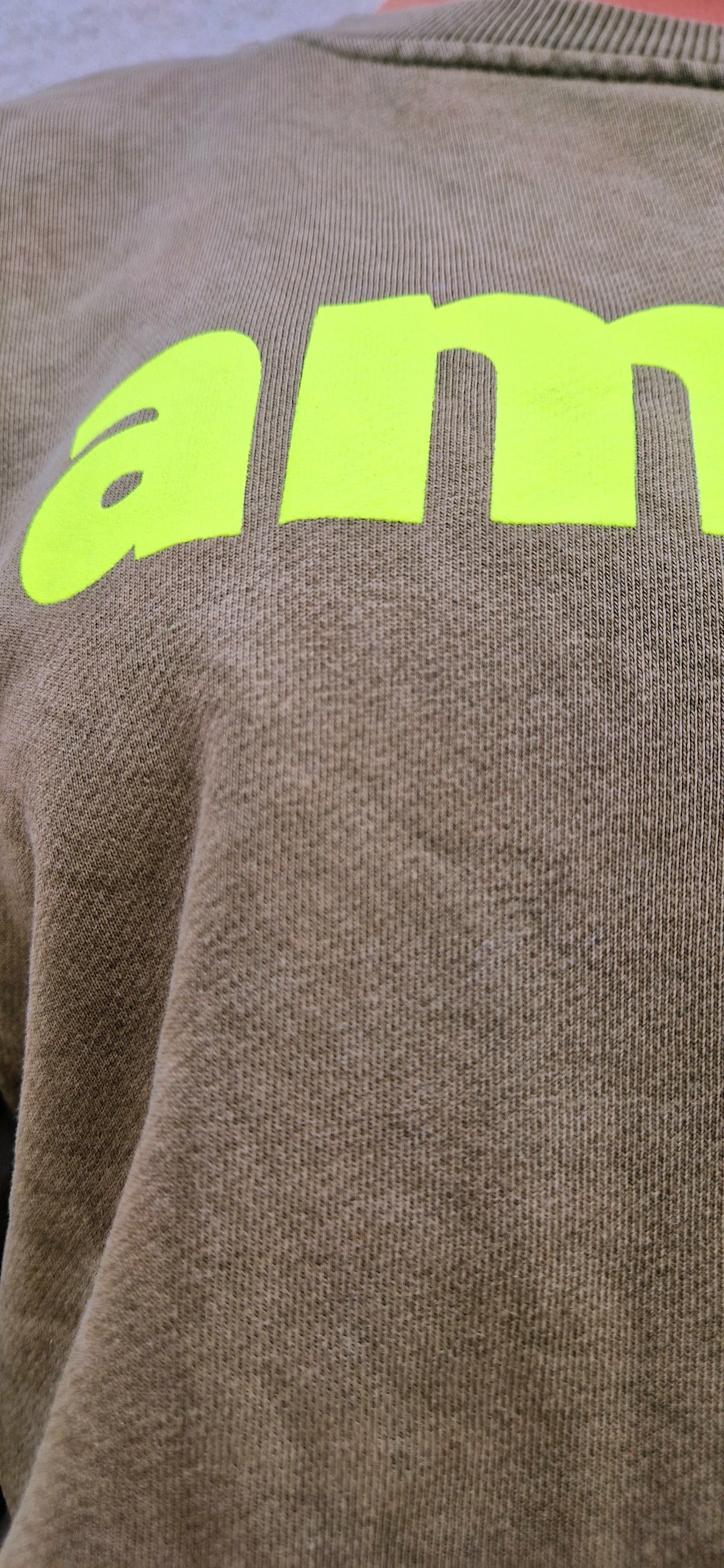 Amour Sweatshirt in Khaki and Neon Yellow.