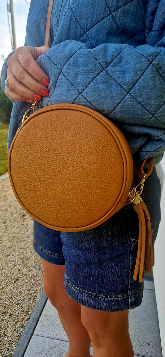 Round Tan Leather Crossbody Bag- Grained Genuine Leather.
