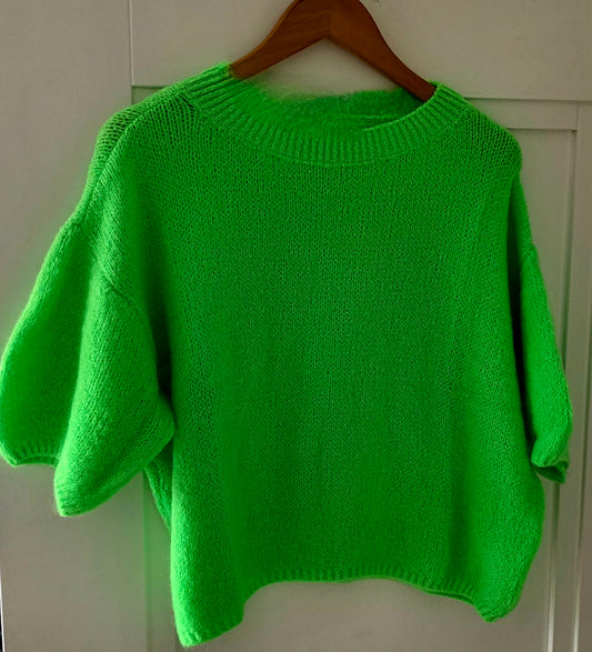 Neon Green Mohair & Wool mix short sleeve jumper. Round neck.