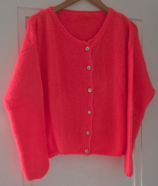 Coral, long sleeve, Mohair Mix Cardigan. Round neck