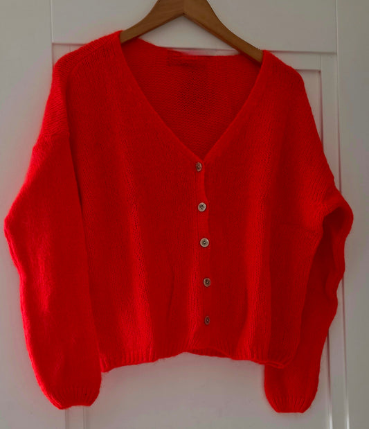 Neon Orange Mohair Mix V Neck Long Sleeve.