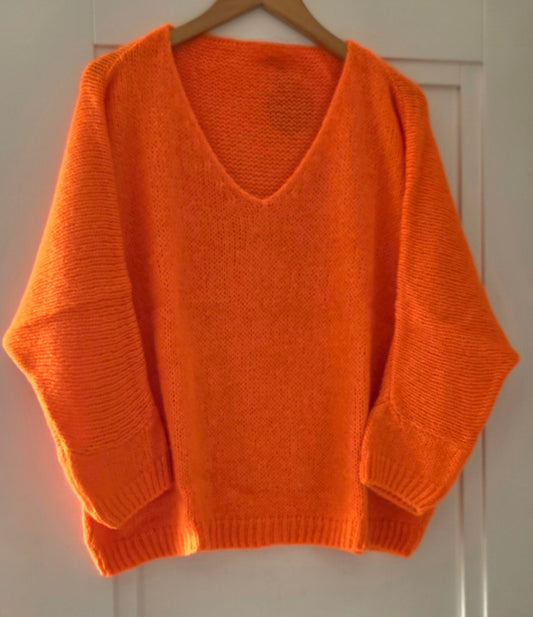 Orange, V neck Long sleeve jumper in Mohair & Wool Mix