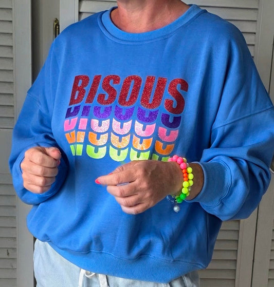 Bisous Cotton Mix Sweat in Blue with Multi Colour Bisous Font